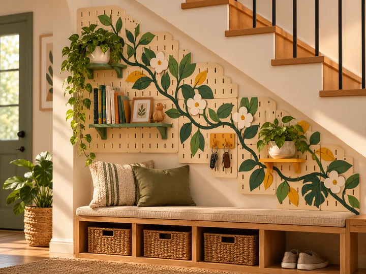 AI-rendered entryway concept with botanical artwork across pegboard panels beneath a staircase.