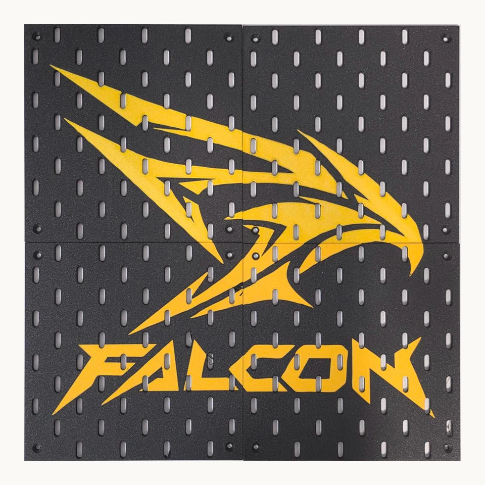 Four black and gold printed pegboard panels forming a falcon graphic and FALCON lettering