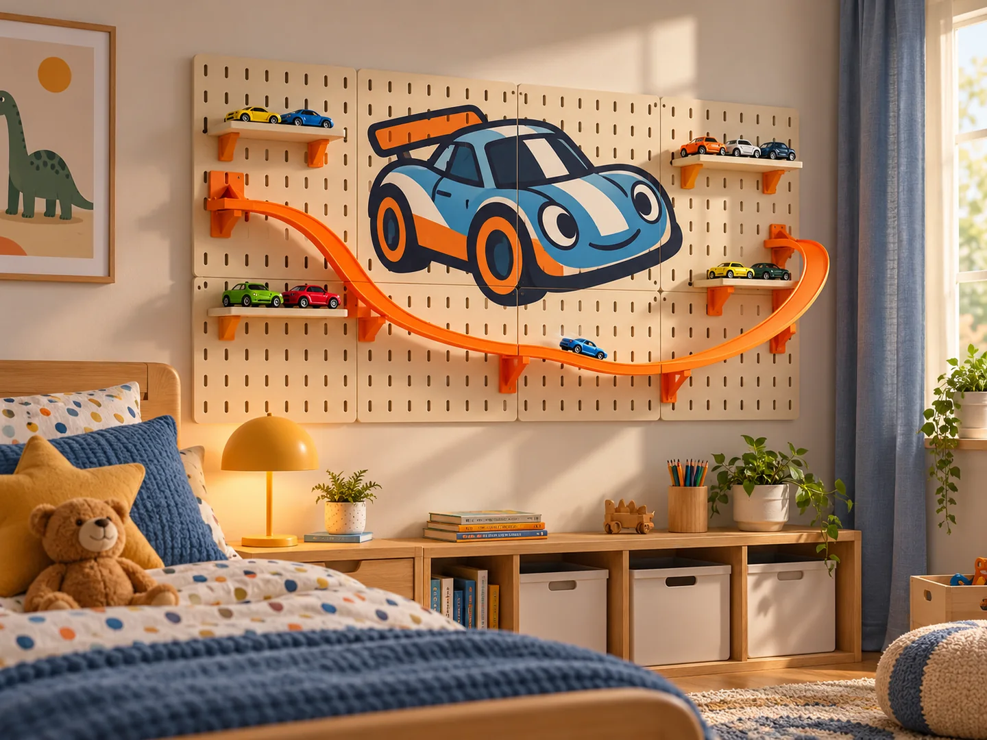 AI concept: race-track themed pegboard wall in a kids room
