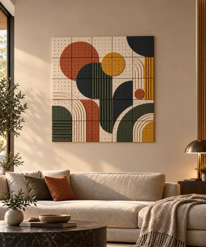 AI-rendered living-room concept with warm-colored geometric pegboard wall art above a sofa.