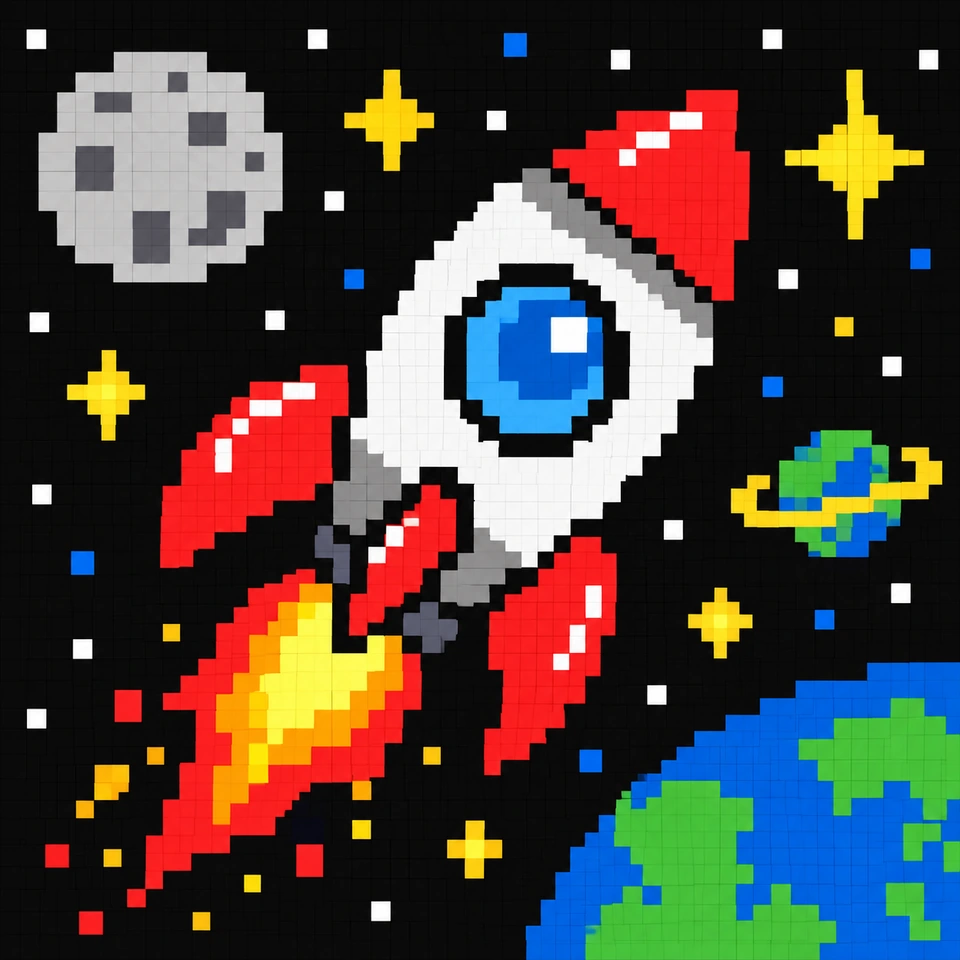Original pixel artwork of a rocket flying past the moon, stars and planets