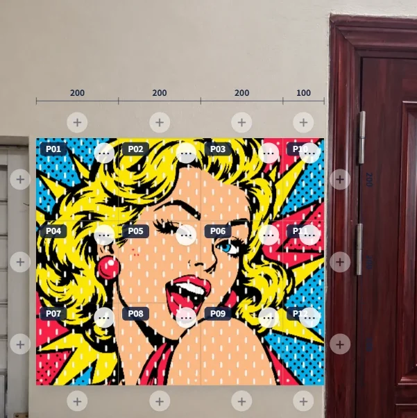 Editor view: a 12-panel pop-art portrait pegboard design shown at true scale over a photo of a white wall